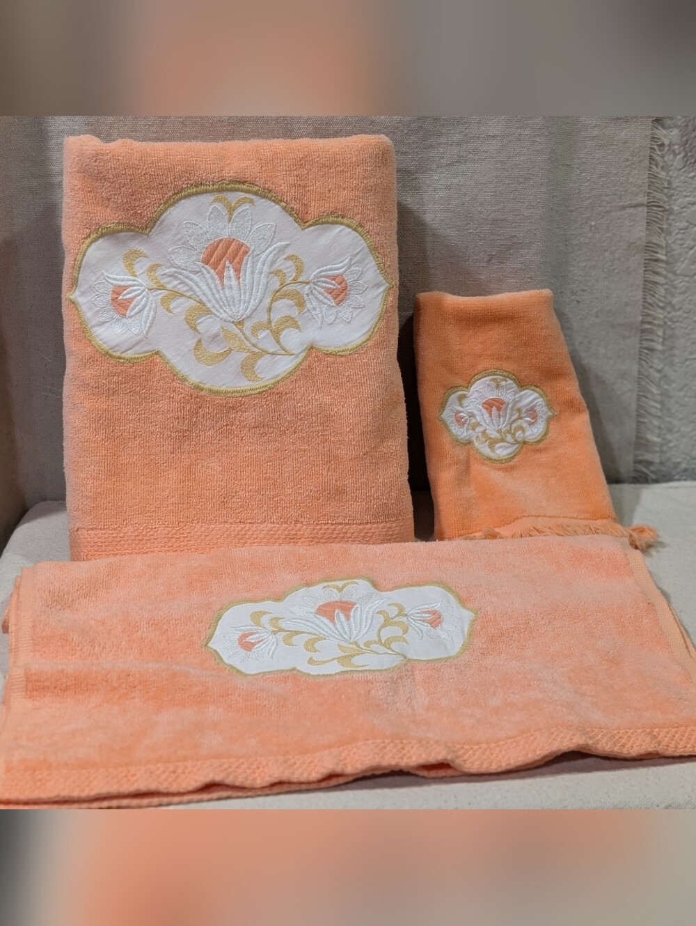 Vintage 80s 90s Martex towel set 3 pcs peach embroidered floral USA Made Granny